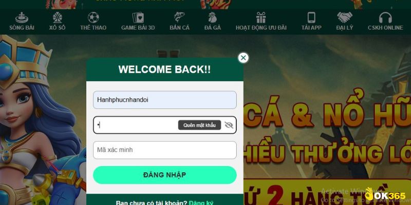 Bạn điền thông tin đăng nhập tài khoản cá cược của mình vào